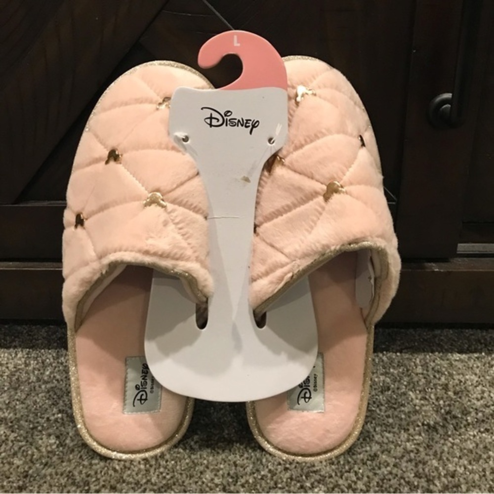 Large Disney Mickey Mouse Quilted Rose Gold Slippers w/Metallic Icon Charms